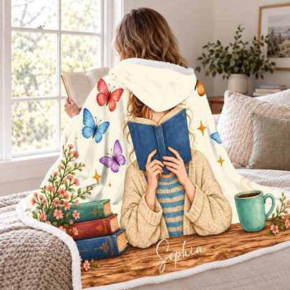 Custom Name Reading Woman Sherpa Hooded Blanket | Book Lover Gift White