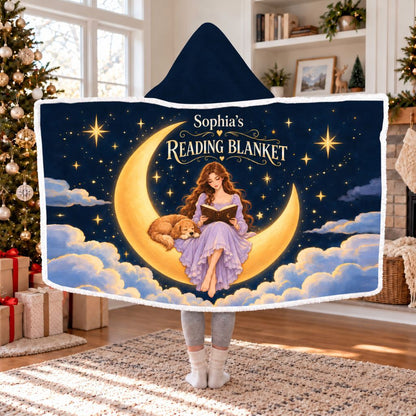 Moon Girl And Dog Custom Name Sherpa Hooded Blanket | Book Lover Gift White