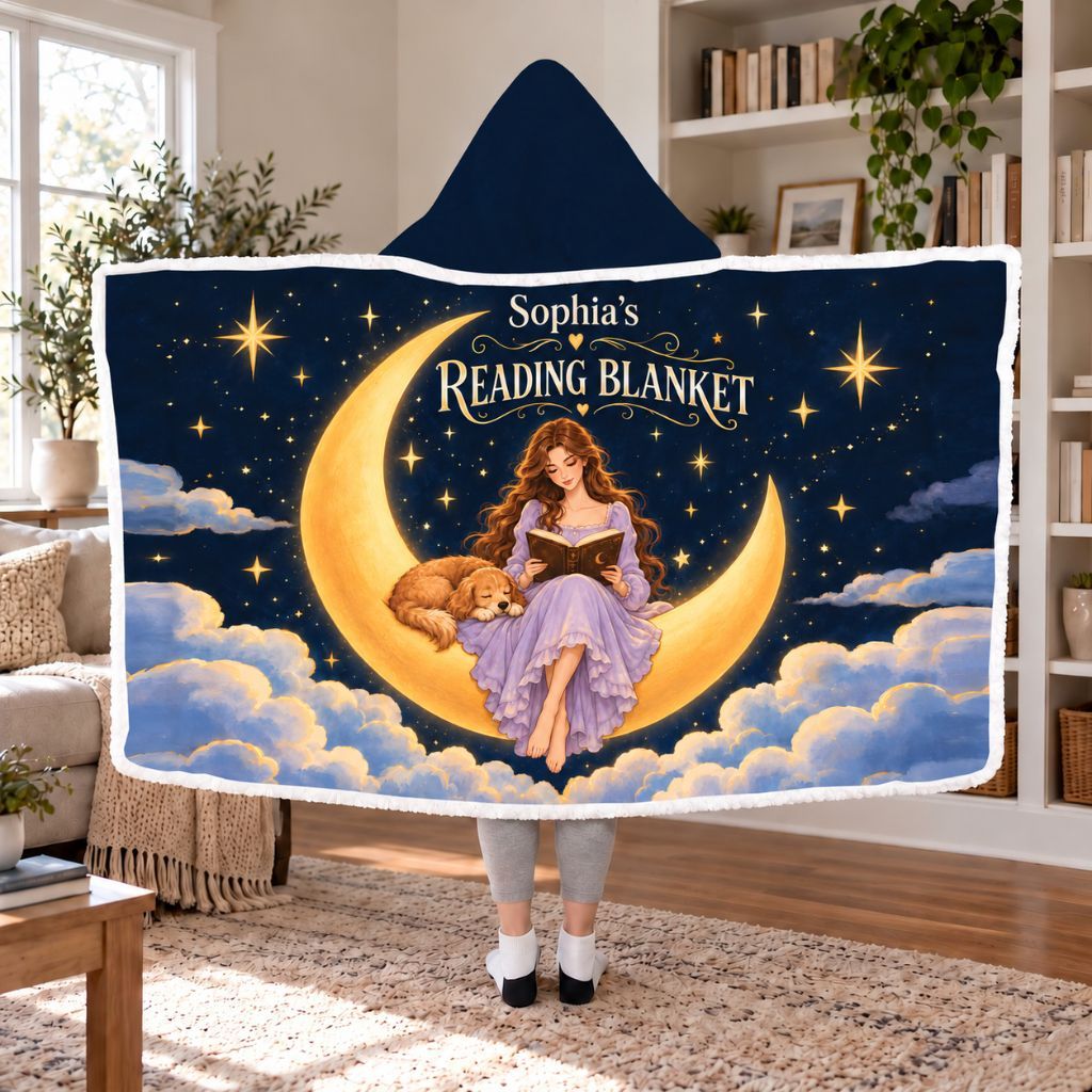 Moon Girl And Dog Custom Name Sherpa Hooded Blanket | Book Lover Gift White