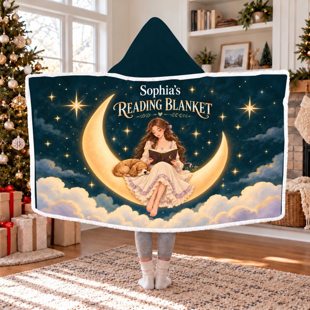Moon Girl And Dog Custom Name Sherpa Hooded Blanket | Book Lover Gift White