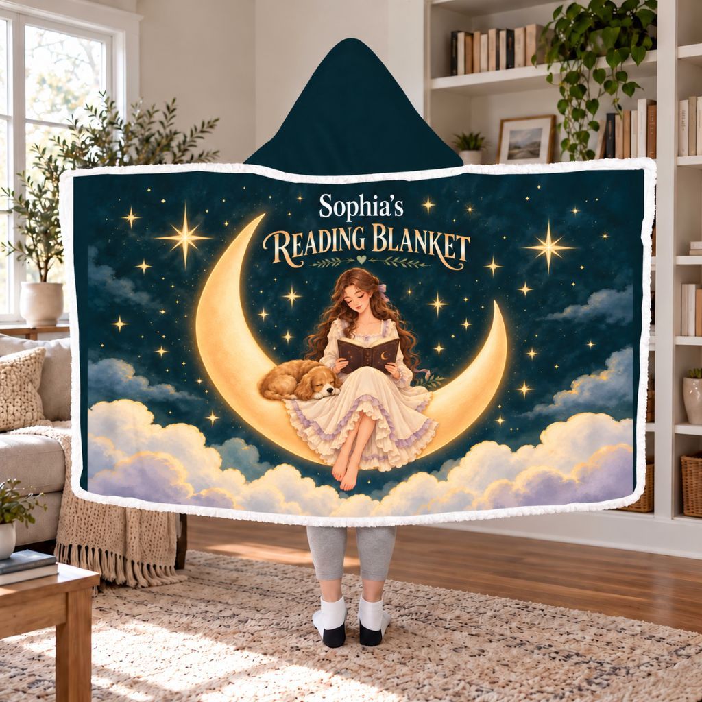 Moon Girl And Dog Custom Name Sherpa Hooded Blanket | Book Lover Gift White