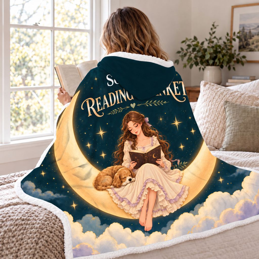 Moon Girl And Dog Custom Name Sherpa Hooded Blanket | Book Lover Gift White
