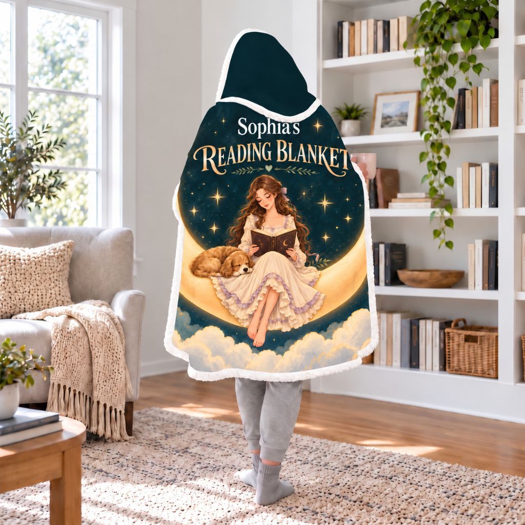 Moon Girl And Dog Custom Name Sherpa Hooded Blanket | Book Lover Gift White