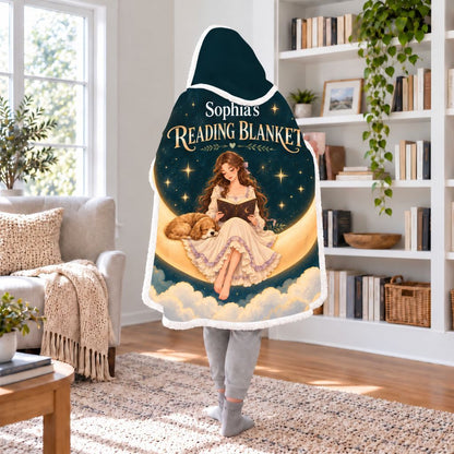 Moon Girl And Dog Custom Name Sherpa Hooded Blanket | Book Lover Gift White