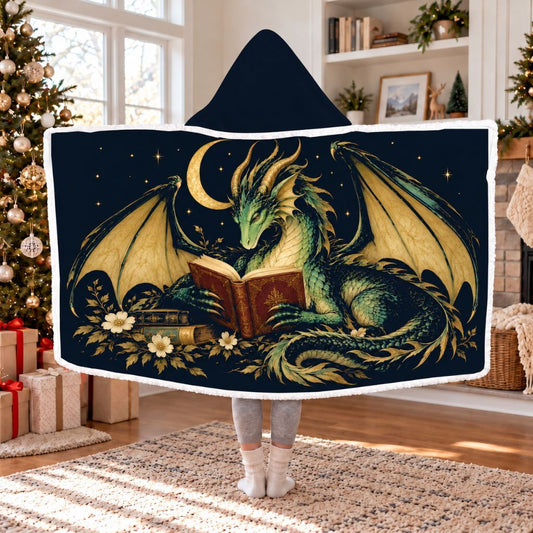 Reading Dragon Sherpa Hooded Blanket | Fantasy Reader Gift White