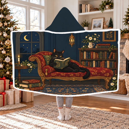 Black Cat Reading Library Sherpa Hooded Blanket | Cat Lover Reader Gift White