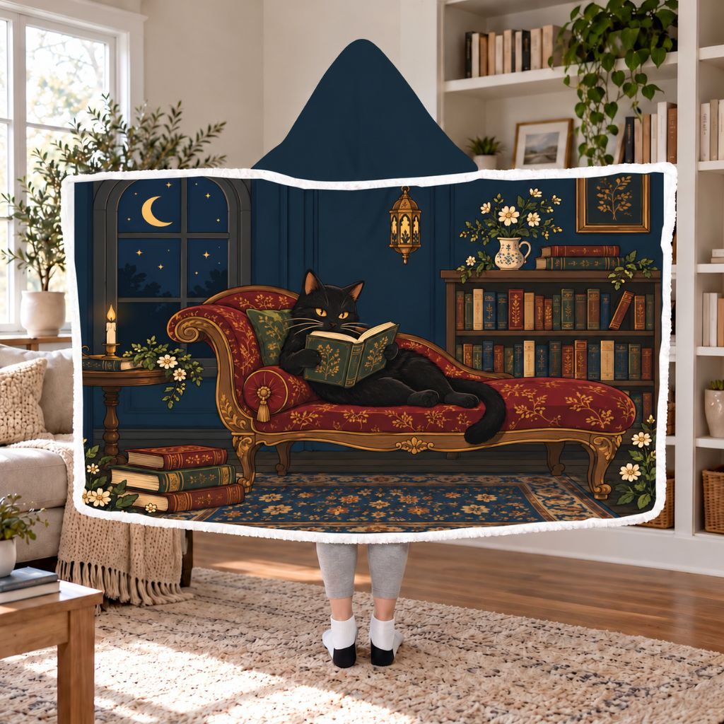 Black Cat Reading Library Sherpa Hooded Blanket | Cat Lover Reader Gift White
