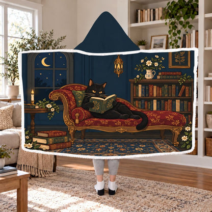 Black Cat Reading Library Sherpa Hooded Blanket | Cat Lover Reader Gift White