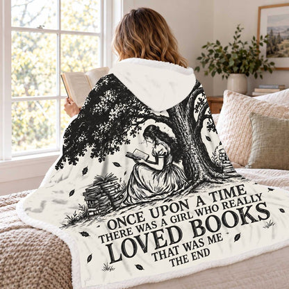 A Girl Who Really Loved Books Sherpa Hooded Blanket | Book Lover Gift White