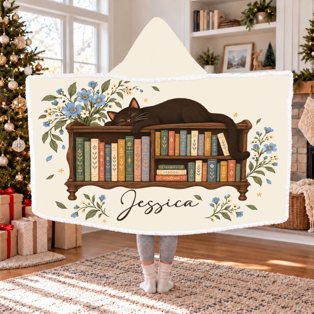 Black Cat Bookshelf Custom Name Sherpa Hooded Blanket | Cat Lover Reader Gift White