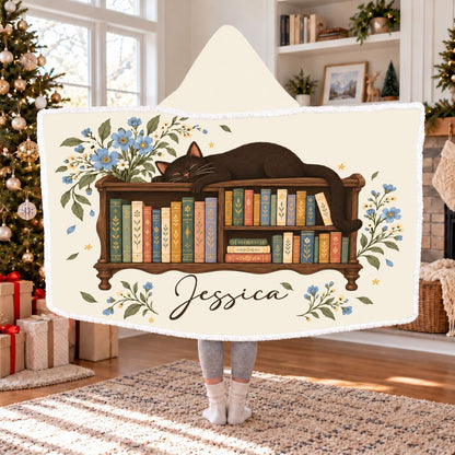 Black Cat Bookshelf Custom Name Sherpa Hooded Blanket | Cat Lover Reader Gift White