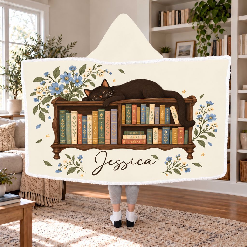 Black Cat Bookshelf Custom Name Sherpa Hooded Blanket | Cat Lover Reader Gift White