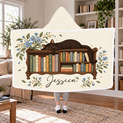 Black Cat Bookshelf Custom Name Sherpa Hooded Blanket | Cat Lover Reader Gift White