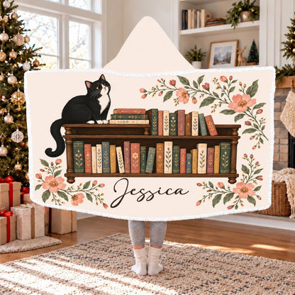 Tuxedo Cat Bookshelf Custom Name Sherpa Hooded Blanket | Cat Lover Reader Gift White