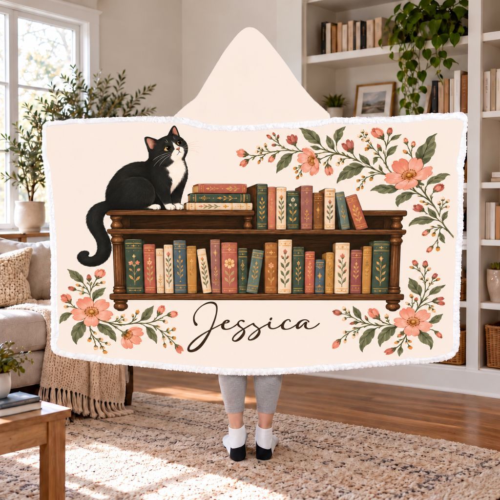 Tuxedo Cat Bookshelf Custom Name Sherpa Hooded Blanket | Cat Lover Reader Gift White
