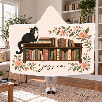 Tuxedo Cat Bookshelf Custom Name Sherpa Hooded Blanket | Cat Lover Reader Gift White