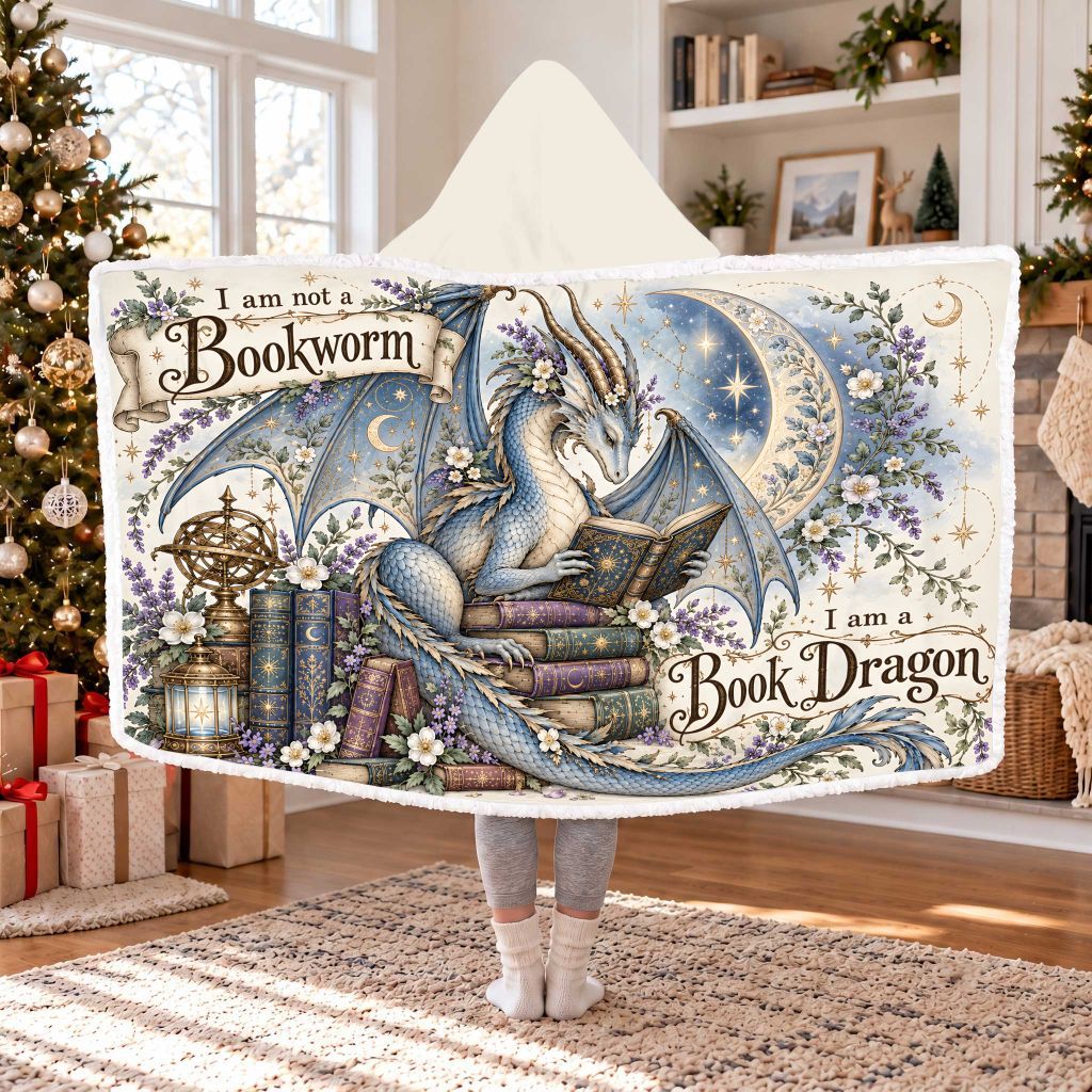 I Am Not A Bookworm I Am A Book Dragon Sherpa Hooded Blanket | Book Lover Gift White
