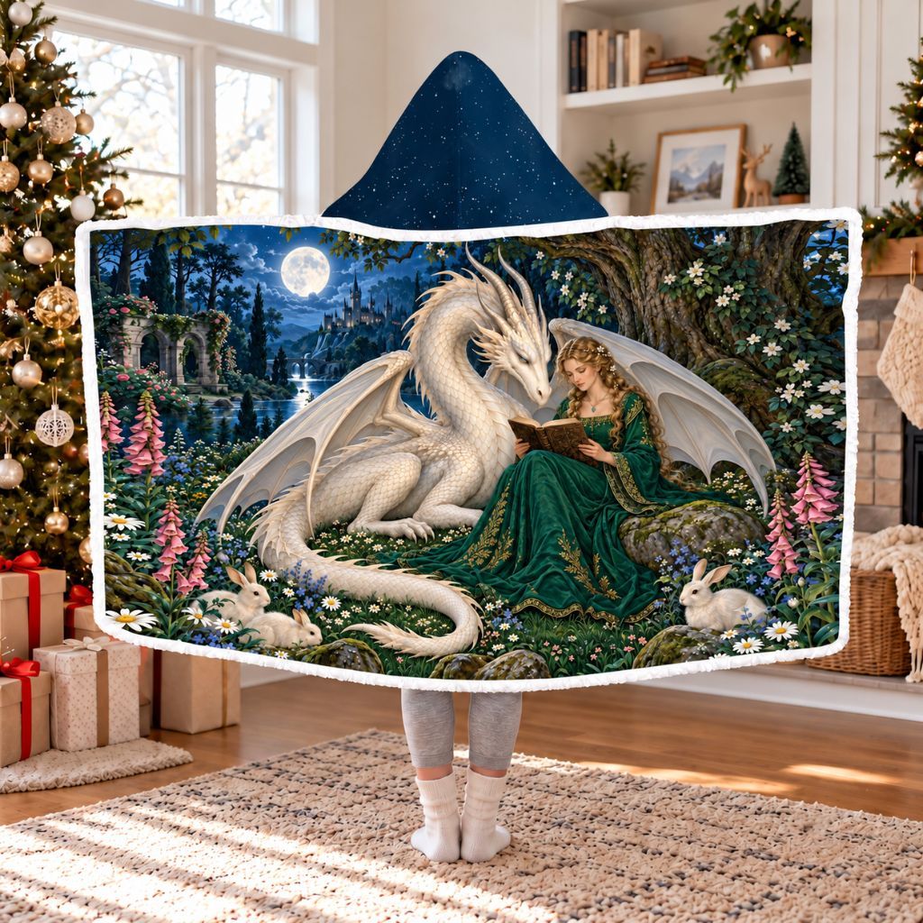 Dragon And Beauty Moonlit Garden Sherpa Hooded Blanket | Fantasy Reader Gift White