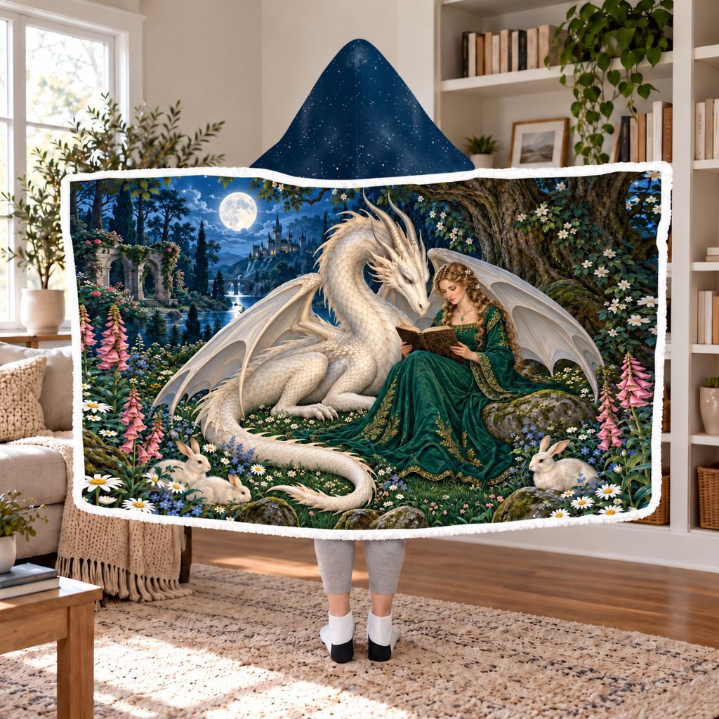 Dragon And Beauty Moonlit Garden Sherpa Hooded Blanket | Fantasy Reader Gift White