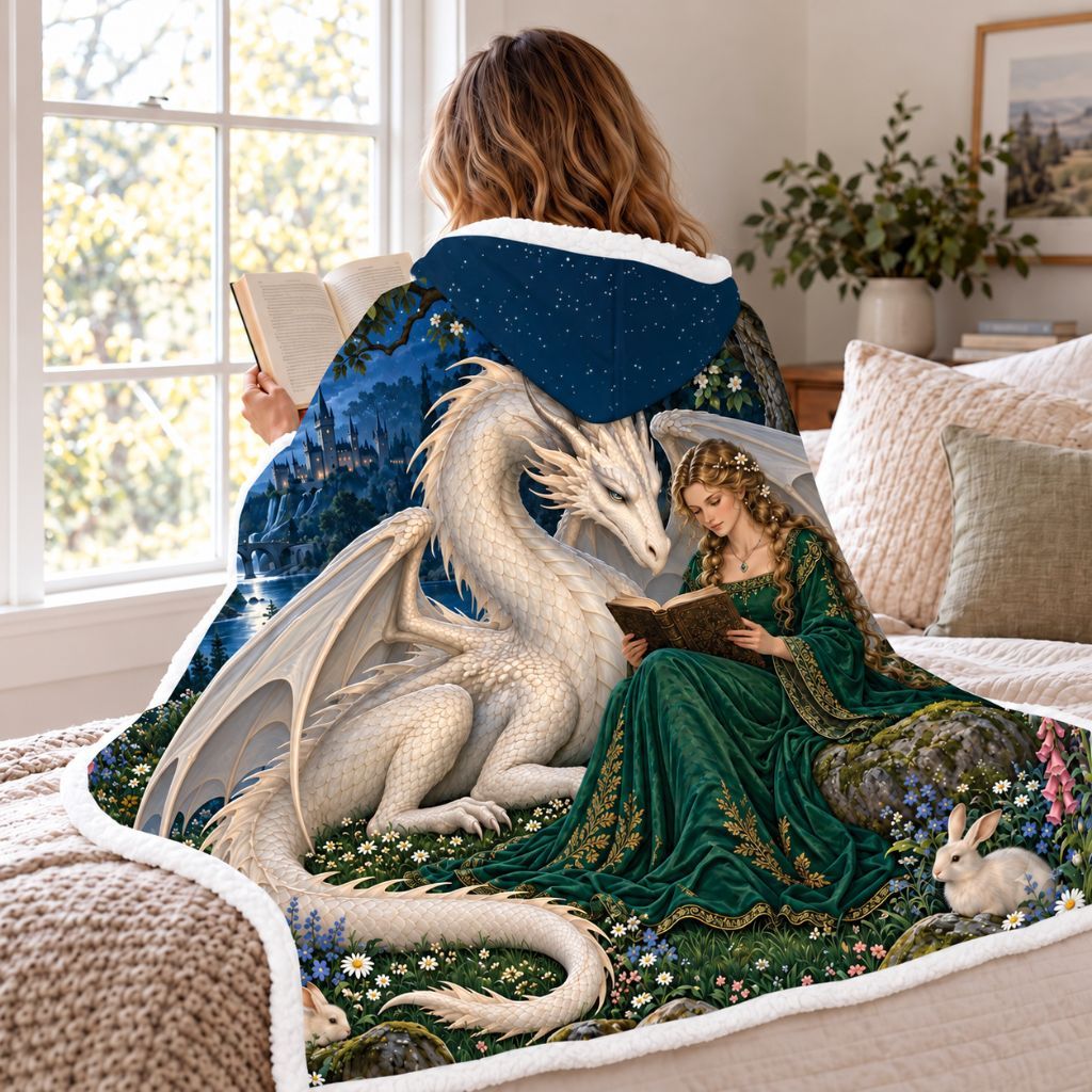 Dragon And Beauty Moonlit Garden Sherpa Hooded Blanket | Fantasy Reader Gift White