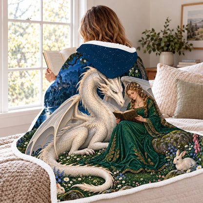 Dragon And Beauty Moonlit Garden Sherpa Hooded Blanket | Fantasy Reader Gift White