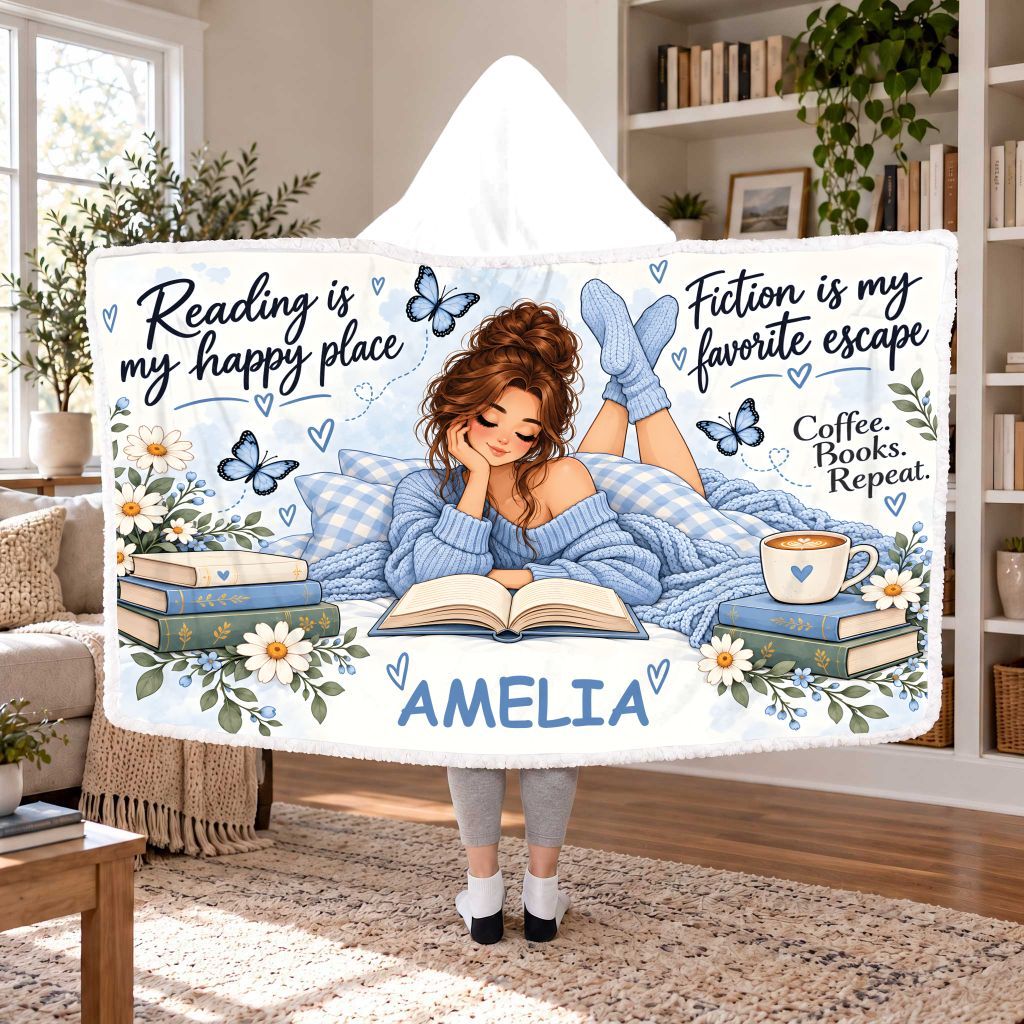 Reading Is My Happy Place Custom Name Sherpa Hooded Blanket | Book Lover Gift White