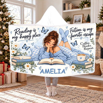 Reading Is My Happy Place Custom Name Sherpa Hooded Blanket | Book Lover Gift White