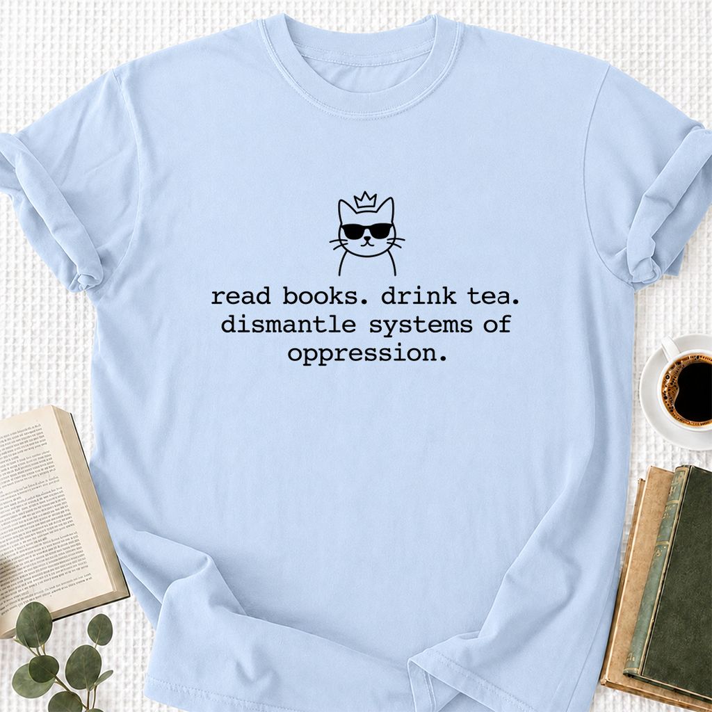 Read Books Drink Tea Cat Printed T-Shirt | Rebel Book Lover Gift Light Blue