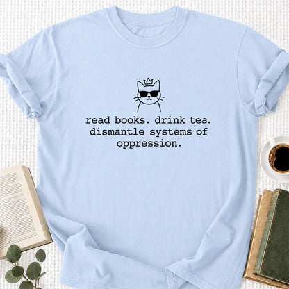 Read Books Drink Tea Cat Printed T-Shirt | Rebel Book Lover Gift Light Blue