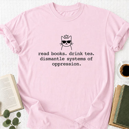 Read Books Drink Tea Cat Printed T-Shirt | Rebel Book Lover Gift Light Pink