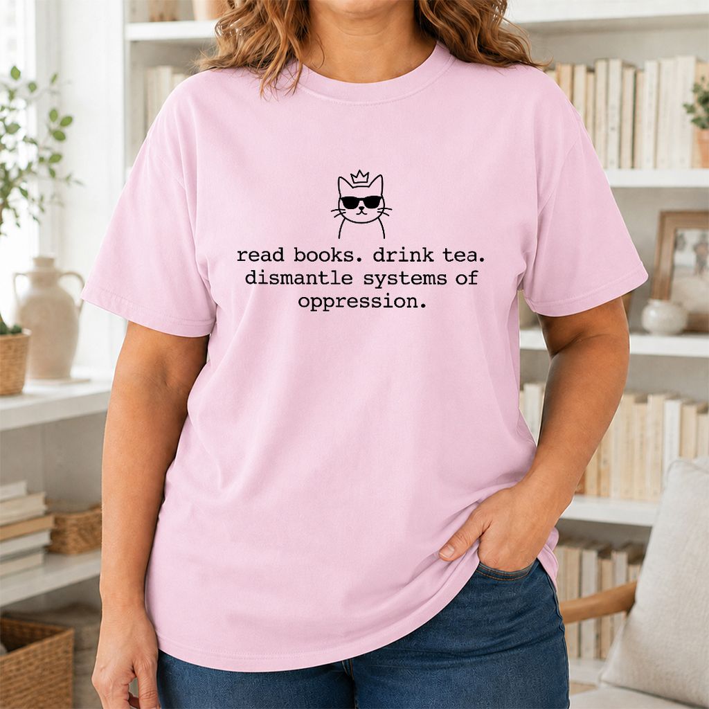 Read Books Drink Tea Cat Printed T-Shirt | Rebel Book Lover Gift Light Pink