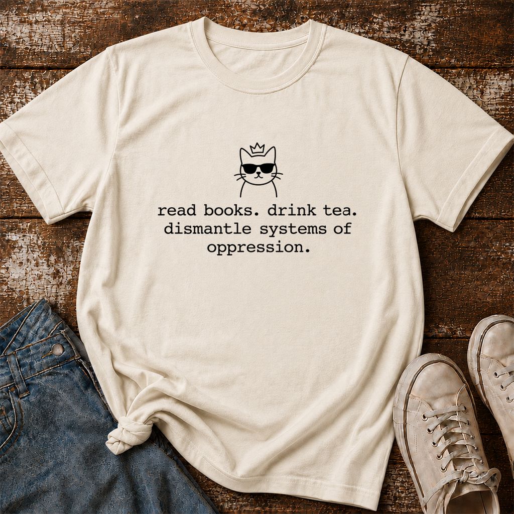 Read Books Drink Tea Cat Printed T-Shirt | Rebel Book Lover Gift Natural