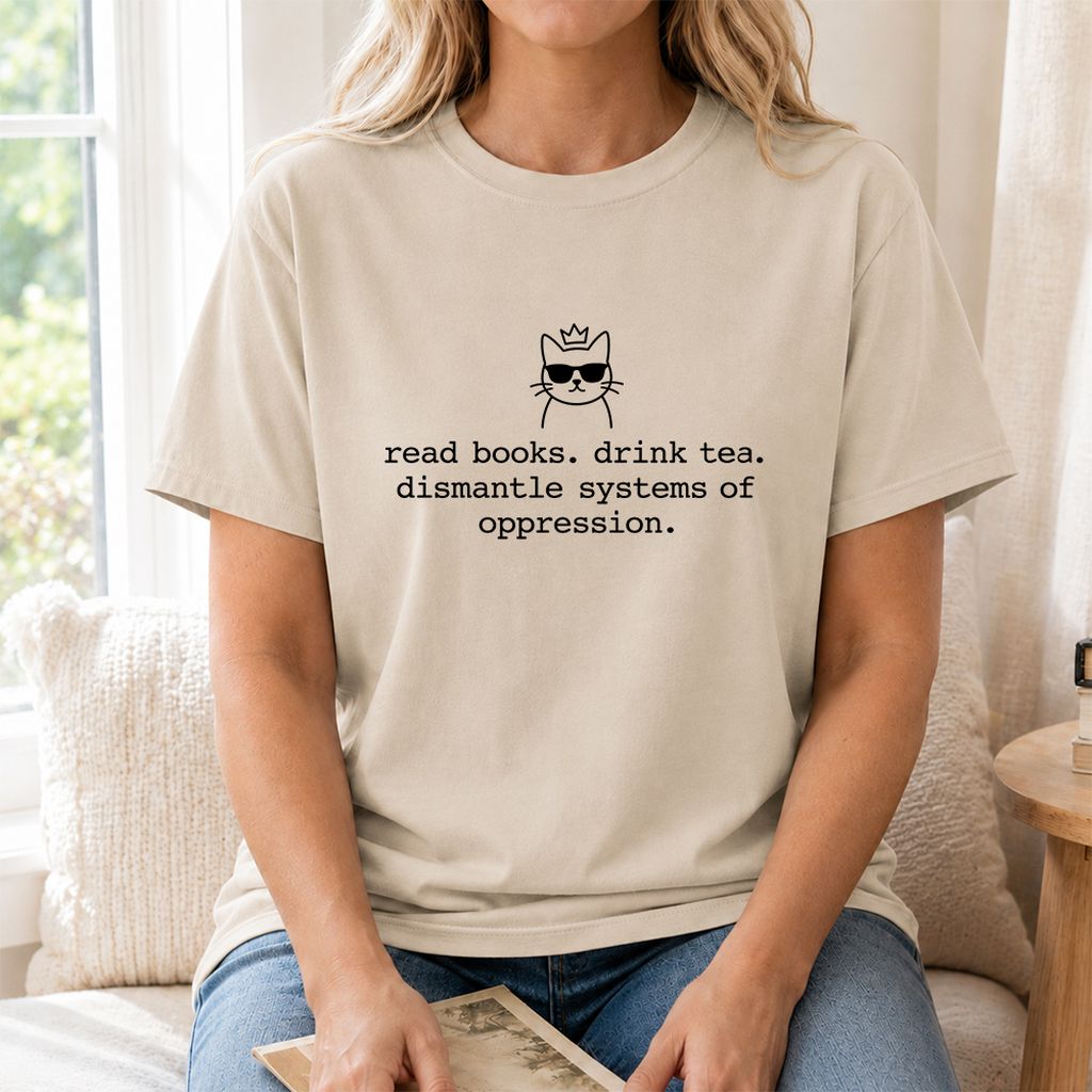 Read Books Drink Tea Cat Printed T-Shirt | Rebel Book Lover Gift Sand