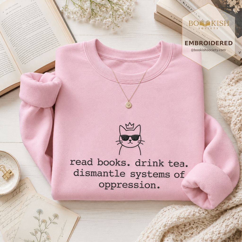Read Books Drink Tea Cat Embroidered Sweatshirt | Rebel Book Lover Gift Light Pink