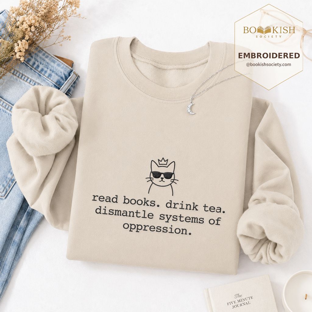 Read Books Drink Tea Cat Embroidered Sweatshirt | Rebel Book Lover Gift Sand
