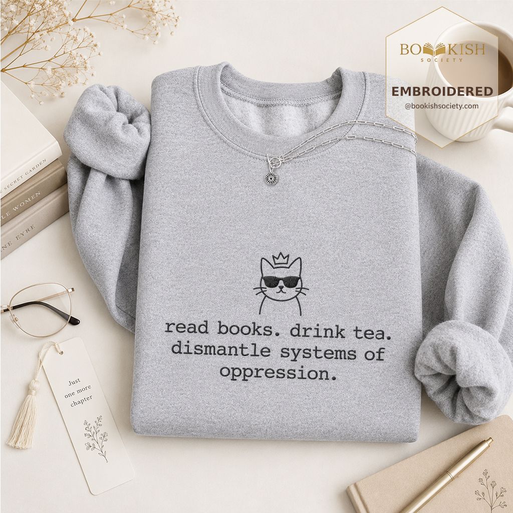 Read Books Drink Tea Cat Embroidered Sweatshirt | Rebel Book Lover Gift Sport Grey