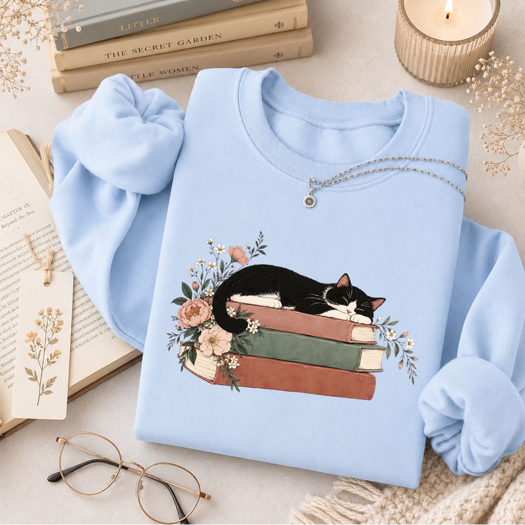 Sleeping Tuxedo Cat On Books Crewneck Sweatshirt | Cat Lover Reader Gift Light Blue