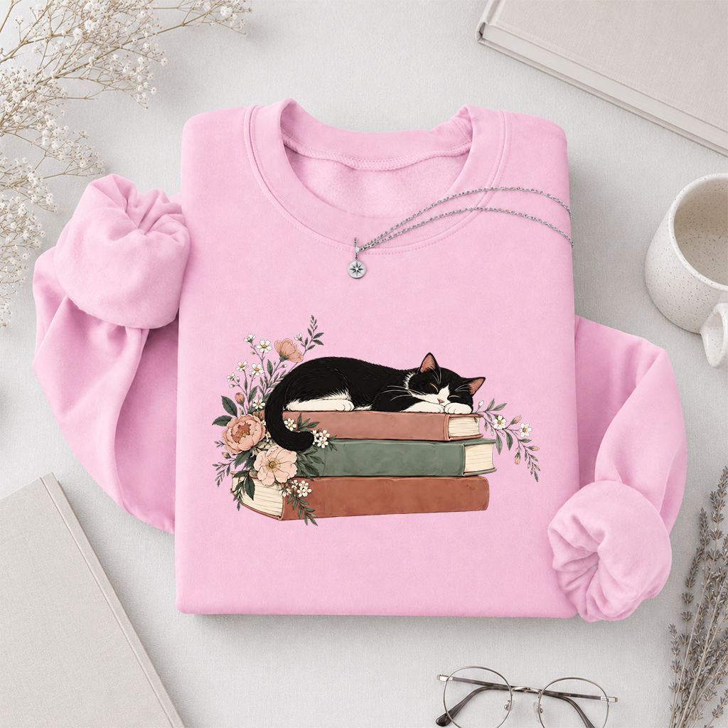 Sleeping Tuxedo Cat On Books Crewneck Sweatshirt | Cat Lover Reader Gift Light Pink