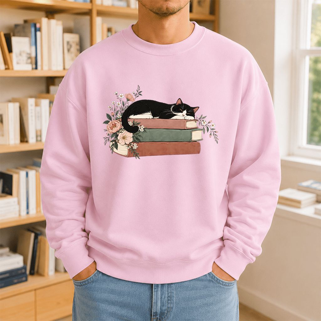 Sleeping Tuxedo Cat On Books Crewneck Sweatshirt | Cat Lover Reader Gift Light Pink