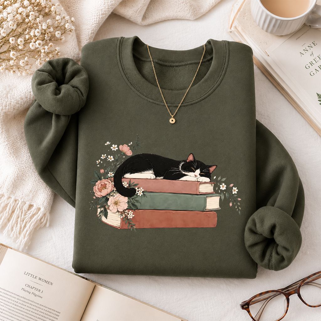 Sleeping Tuxedo Cat On Books Crewneck Sweatshirt | Cat Lover Reader Gift Military Green