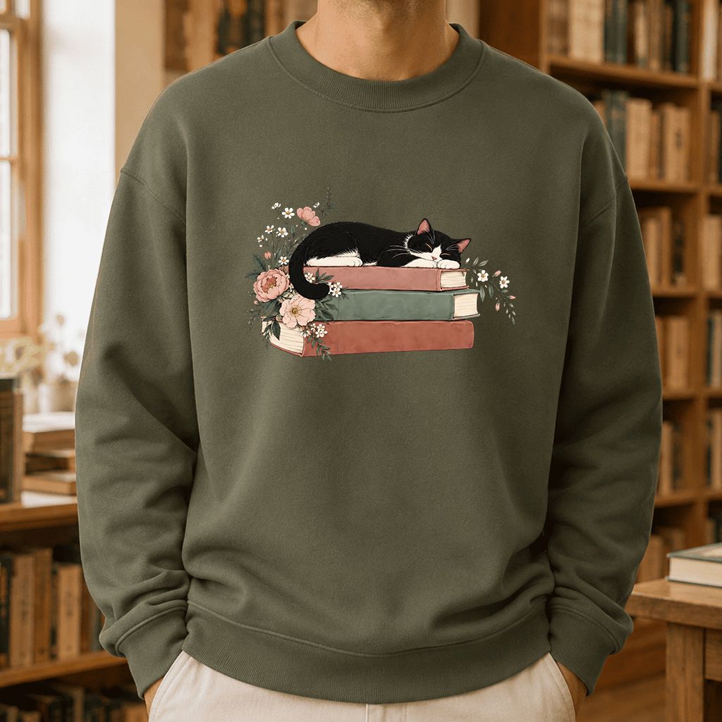 Sleeping Tuxedo Cat On Books Crewneck Sweatshirt | Cat Lover Reader Gift Military Green
