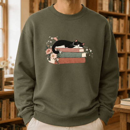 Sleeping Tuxedo Cat On Books Crewneck Sweatshirt | Cat Lover Reader Gift Military Green