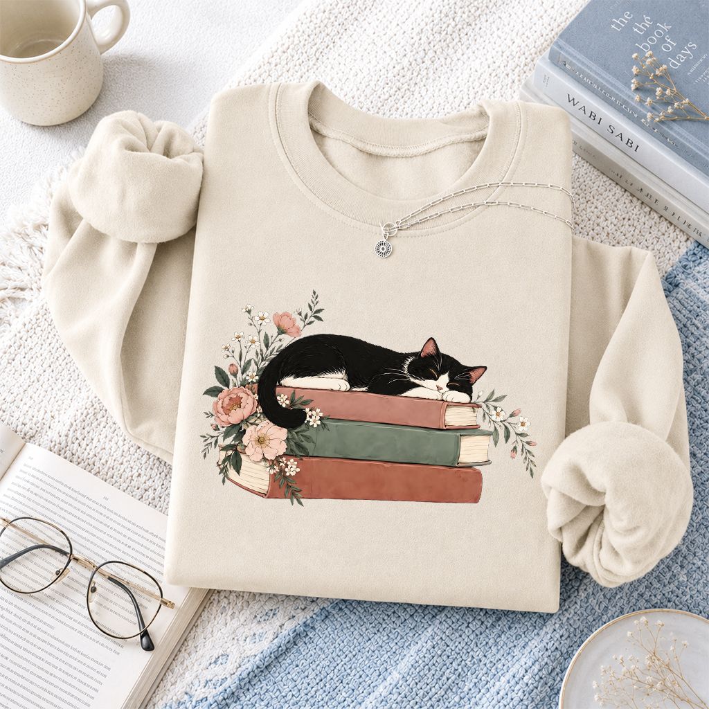 Sleeping Tuxedo Cat On Books Crewneck Sweatshirt | Cat Lover Reader Gift Sand
