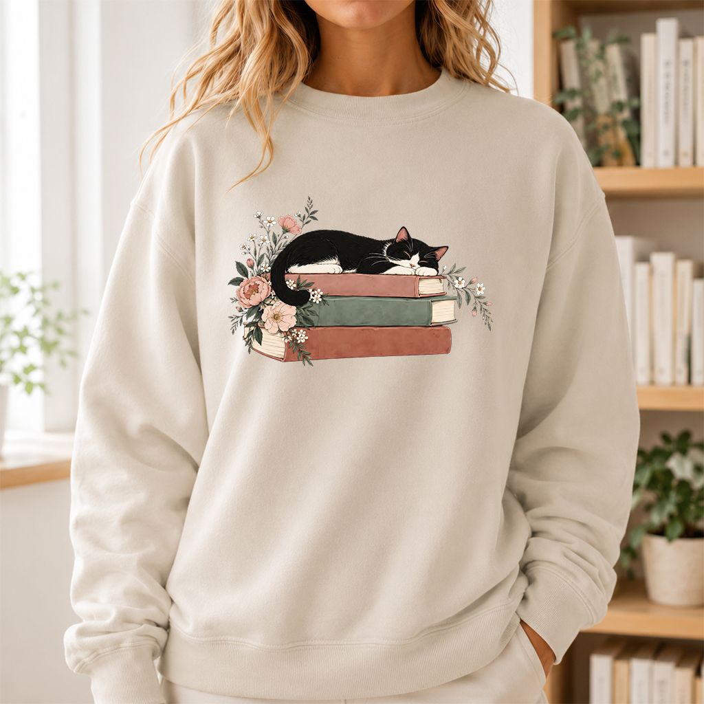 Sleeping Tuxedo Cat On Books Crewneck Sweatshirt | Cat Lover Reader Gift Sand