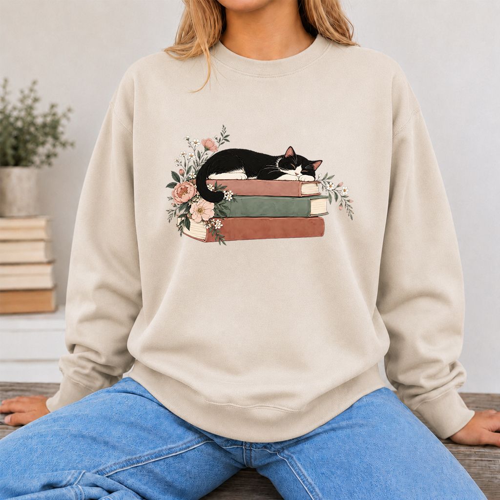 Sleeping Tuxedo Cat On Books Crewneck Sweatshirt | Cat Lover Reader Gift Sand