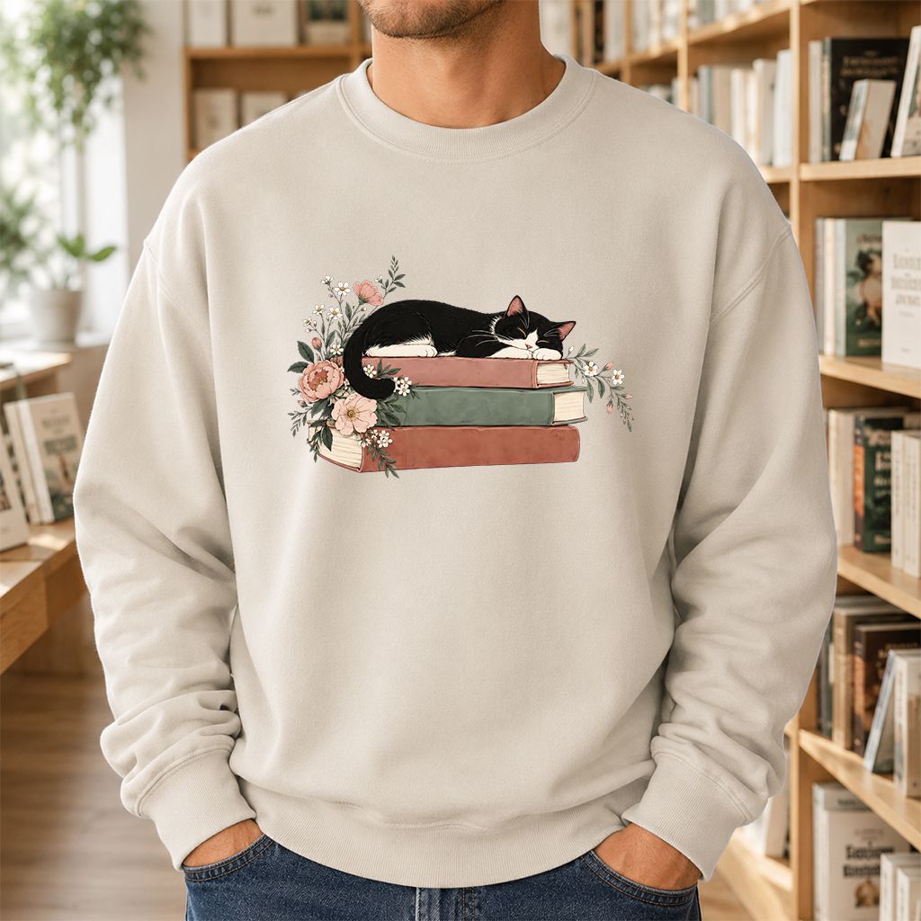 Sleeping Tuxedo Cat On Books Crewneck Sweatshirt | Cat Lover Reader Gift Sand