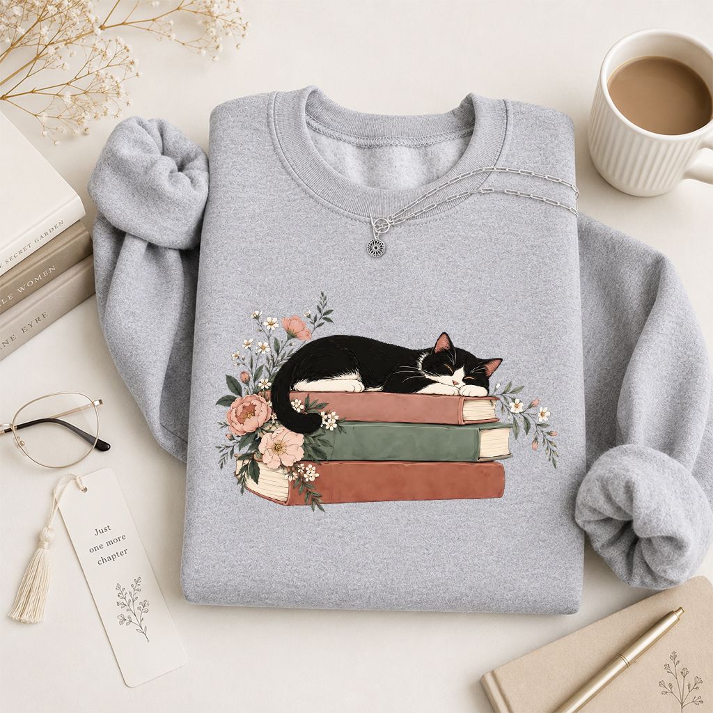 Sleeping Tuxedo Cat On Books Crewneck Sweatshirt | Cat Lover Reader Gift Sport Grey