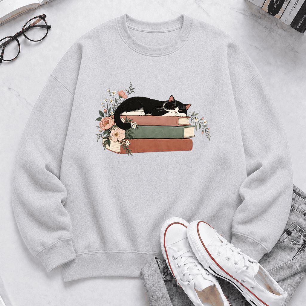 Sleeping Tuxedo Cat On Books Crewneck Sweatshirt | Cat Lover Reader Gift Sport Grey