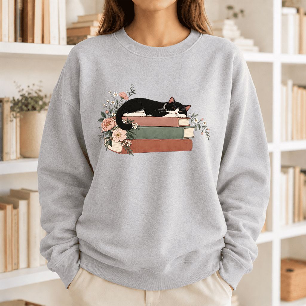 Sleeping Tuxedo Cat On Books Crewneck Sweatshirt | Cat Lover Reader Gift Sport Grey
