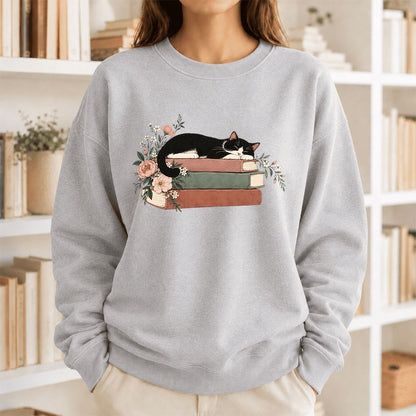 Sleeping Tuxedo Cat On Books Crewneck Sweatshirt | Cat Lover Reader Gift Sport Grey
